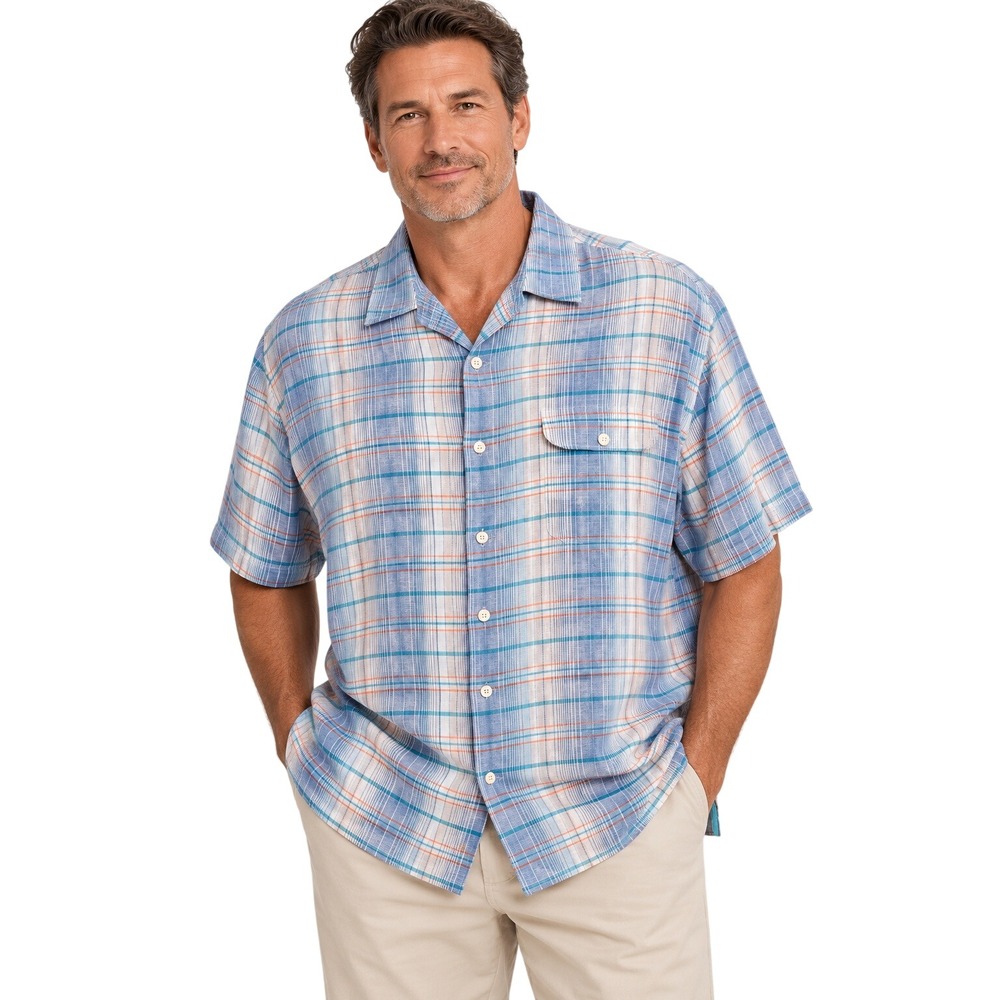 Tommy Bahama Linen Button Up Shirt Mens 2XB Blue Plaid Excellent Short Sleeve